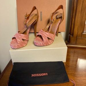Missoni Italian Designer Signature Pink & Tan T-Strap High Heel Sandals